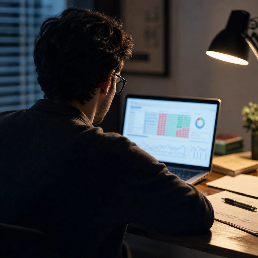 player studying poker equity charts on a laptop away from the table