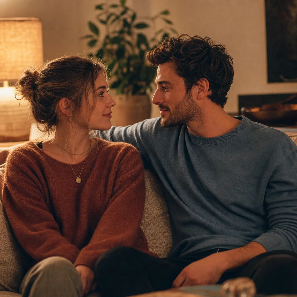 Couple sitting close on a couch making eye contact during a quiet evening conversation
