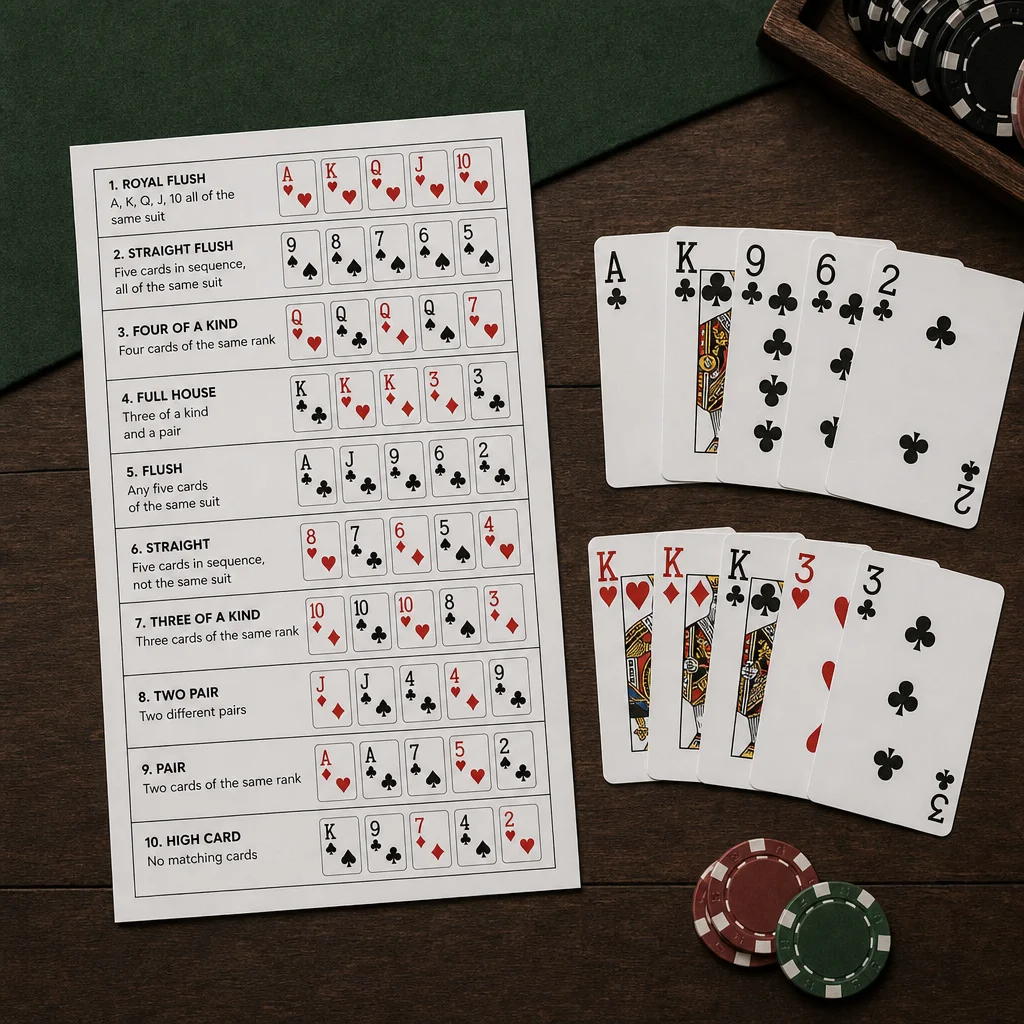poker hands chart printable showing ten ranking categories in order