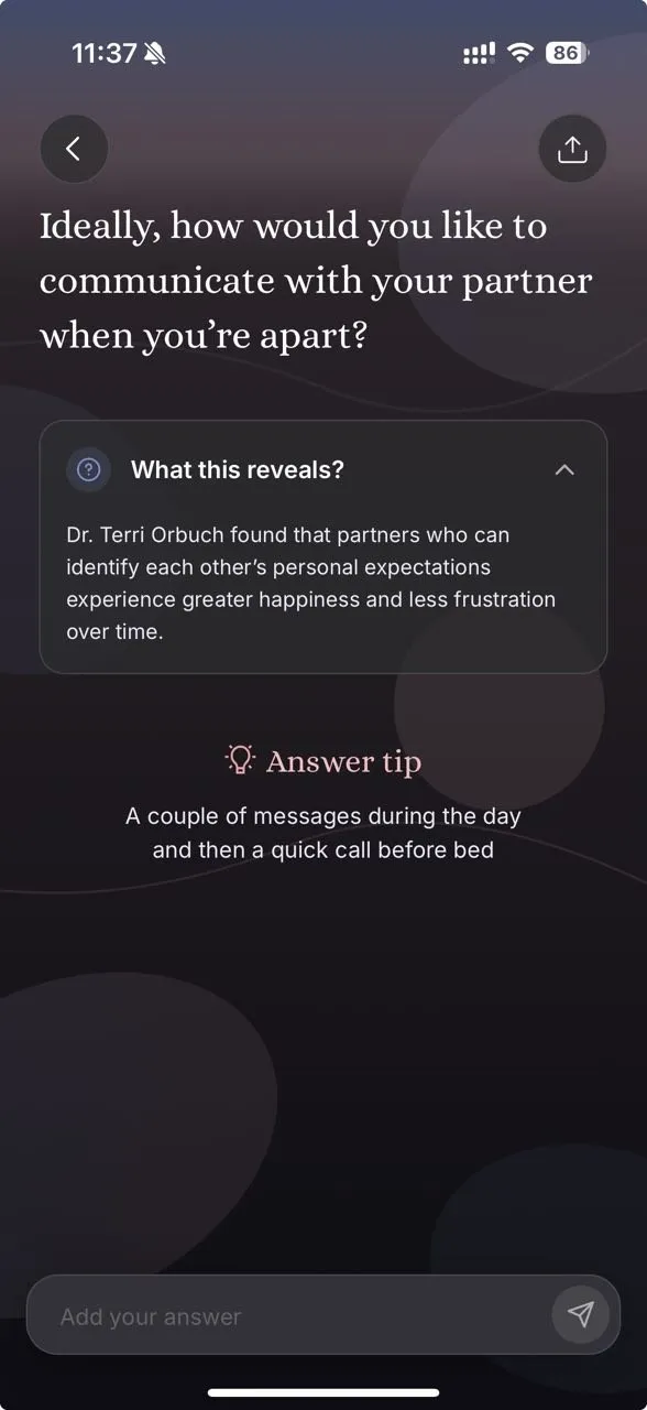 Cuddle Daily Question screen showing research-backed intimacy prompt