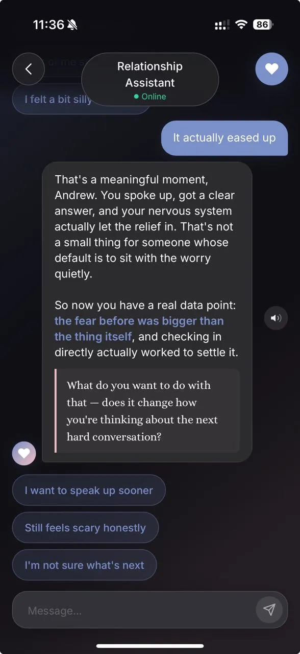 Cuddle Relationship Assistant chat showing personalized intimacy coaching