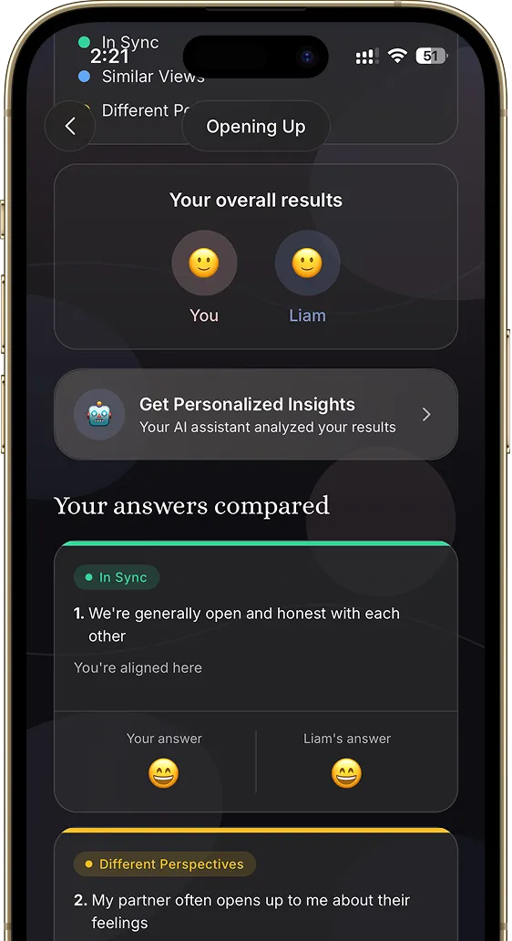 Cuddle inquiry results screen comparing partner answers for couples intimacy test
