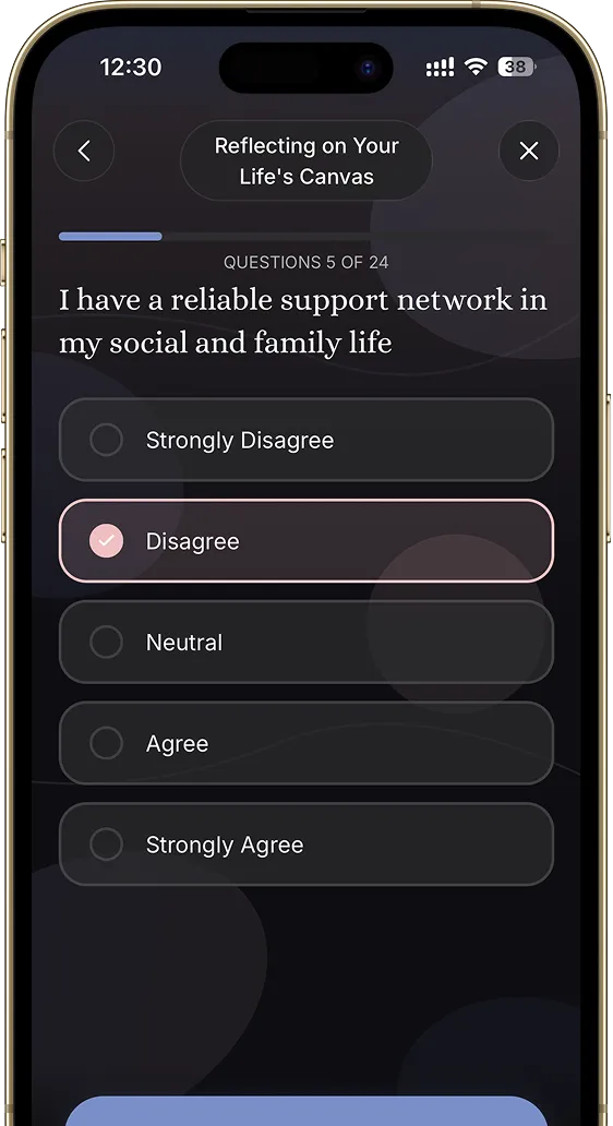 Cuddle quiz mid-flow screen showing Likert response options for couples intimacy test